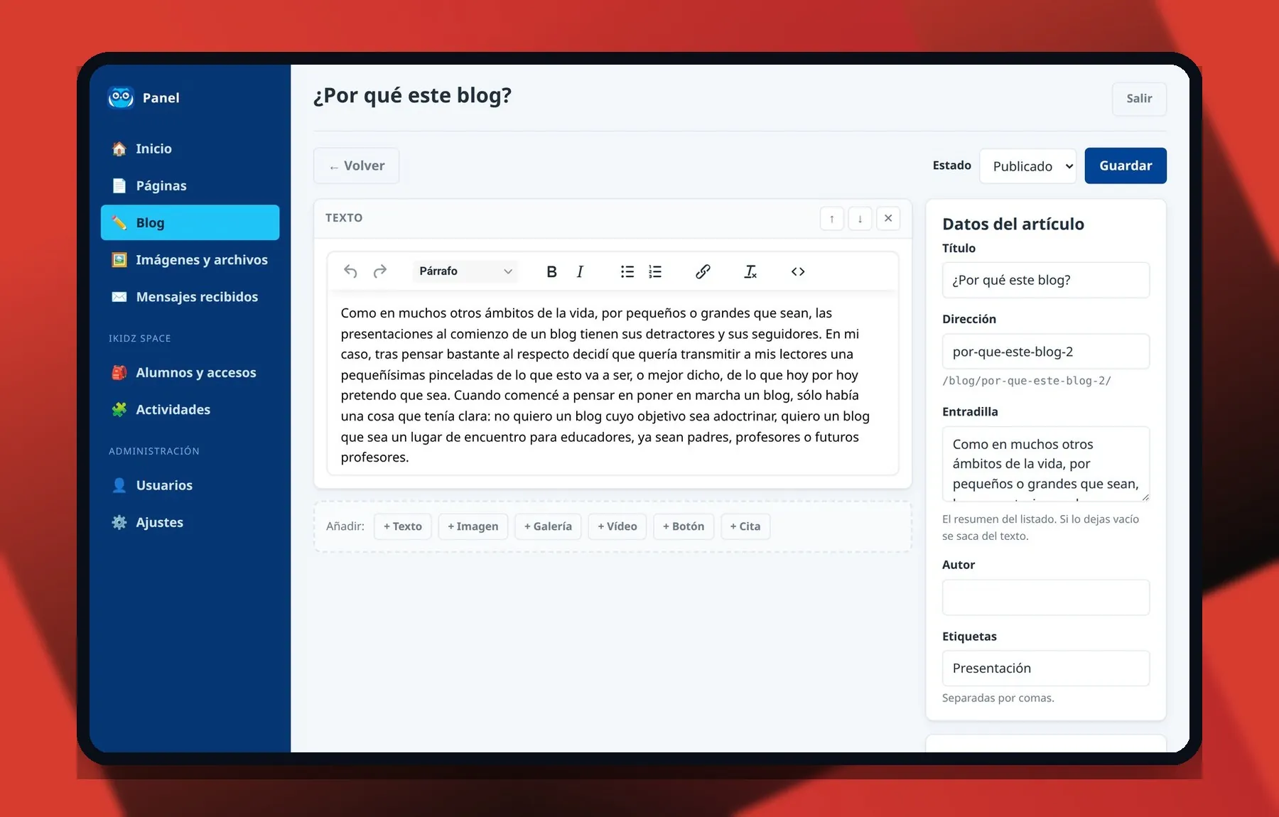 Backoffice à medida da iKidz — Editor de artigos do blog por blocos