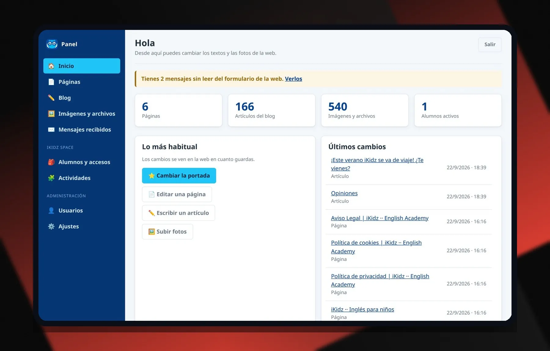 Backoffice à medida da iKidz — Ecrã inicial do painel