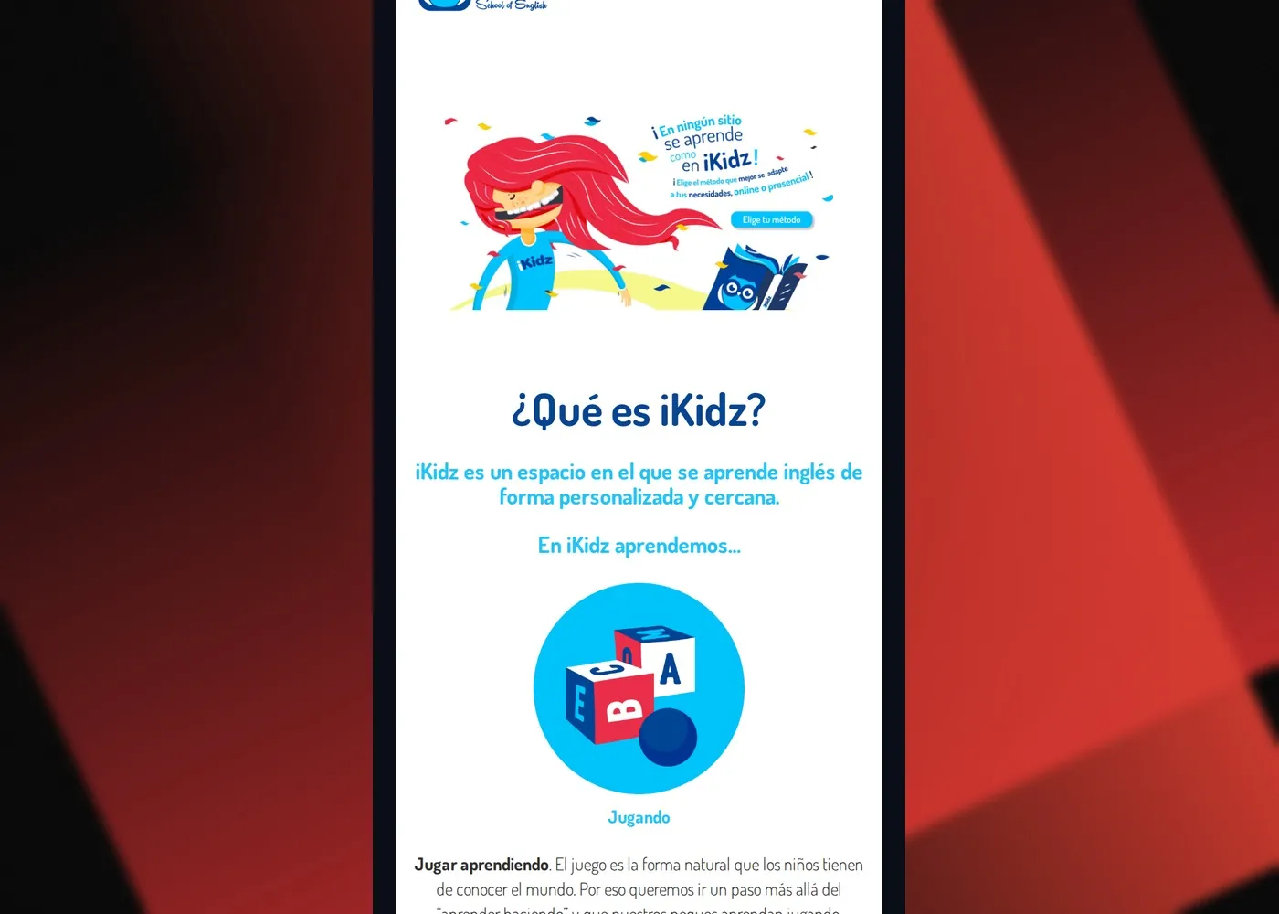 iKidz English — Página inicial no telemóvel
