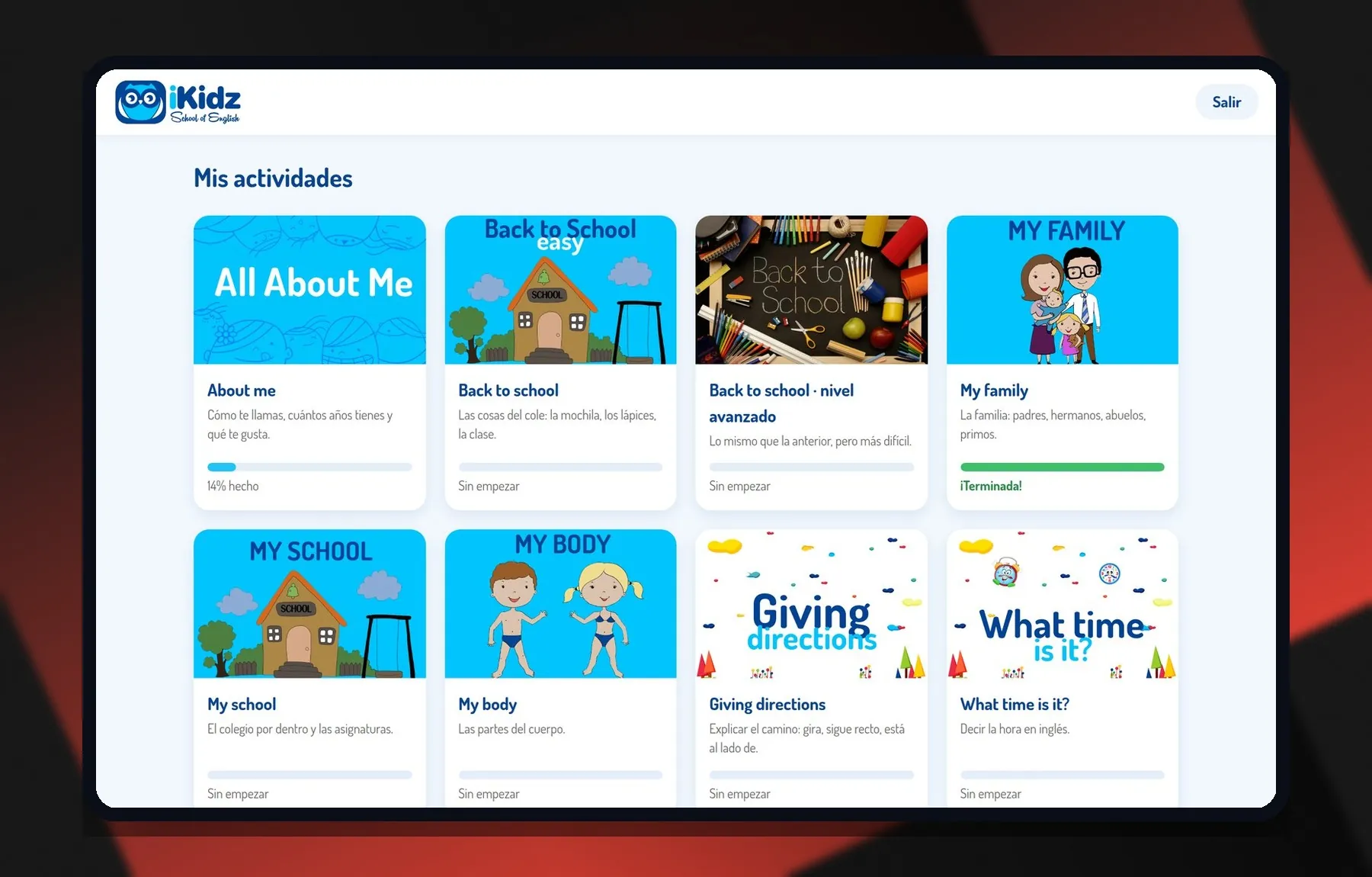 iKidz Space — As atividades do aluno com o seu progresso