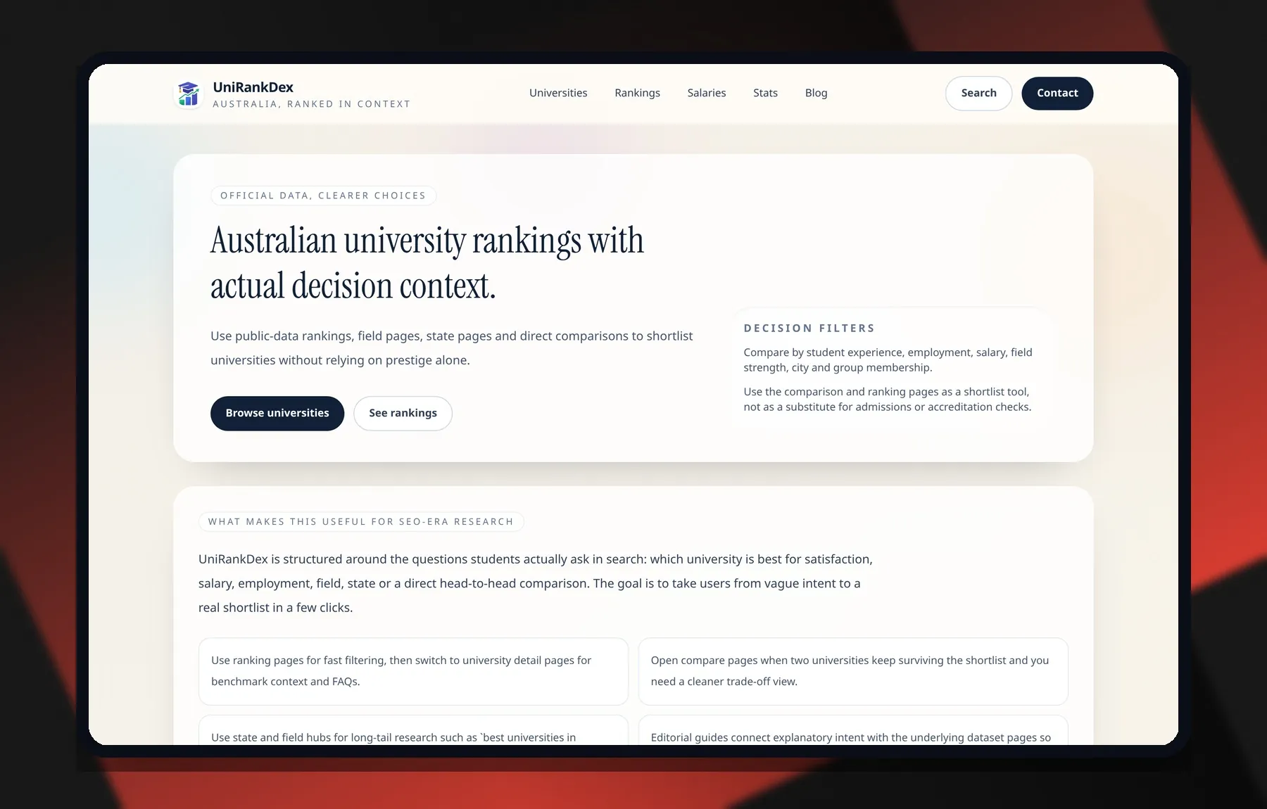 UniRankDex — Laptop view