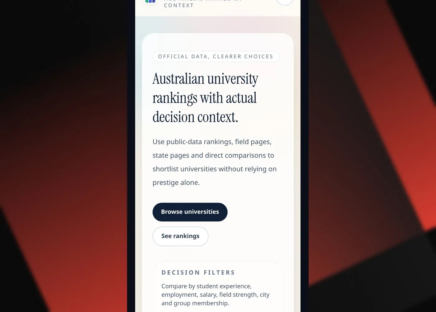 UniRankDex — Mobile view
