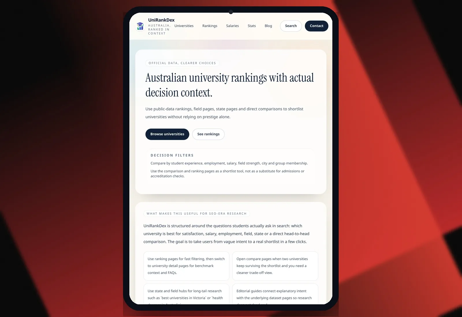 UniRankDex — Tablet view