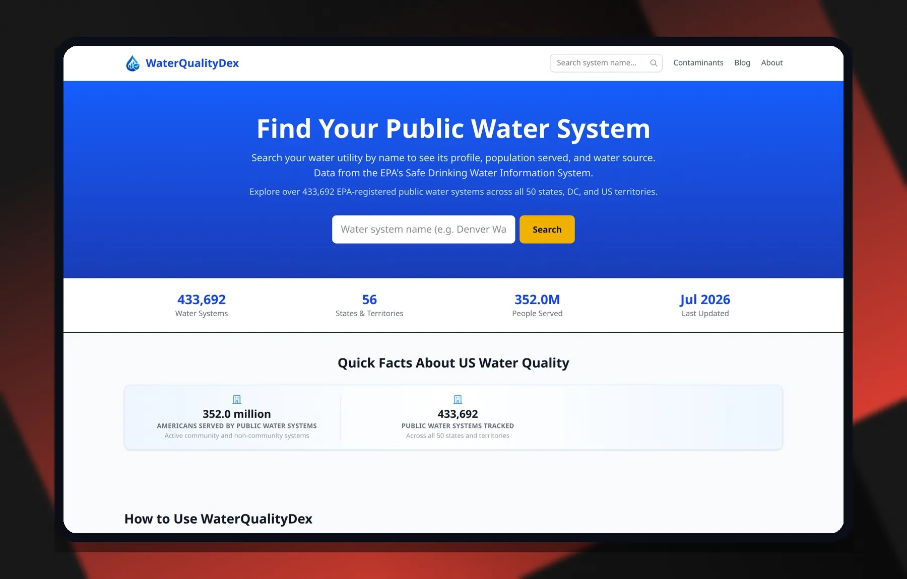 WaterQualityDex — Laptop view