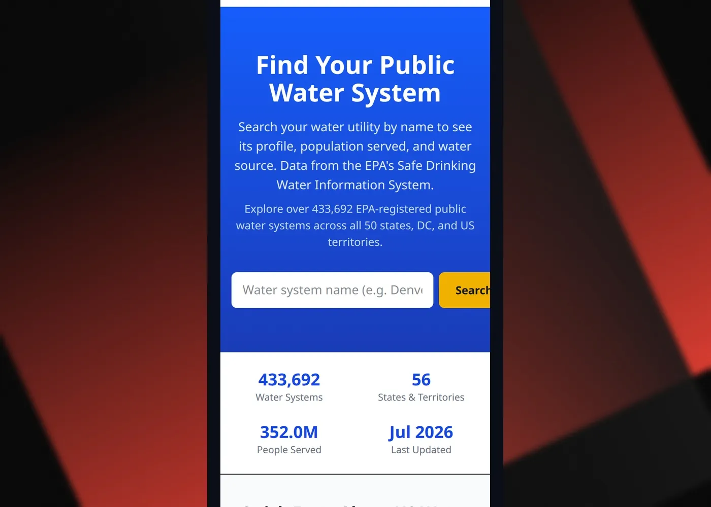 WaterQualityDex — Mobile view