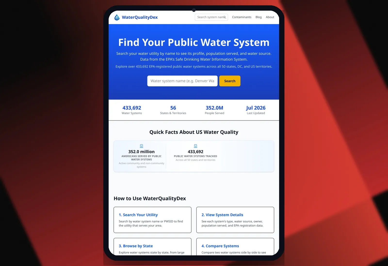 WaterQualityDex — Tablet view