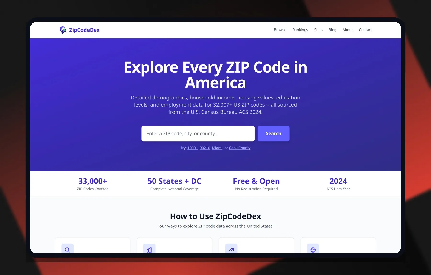 ZipCodeDex — Laptop view