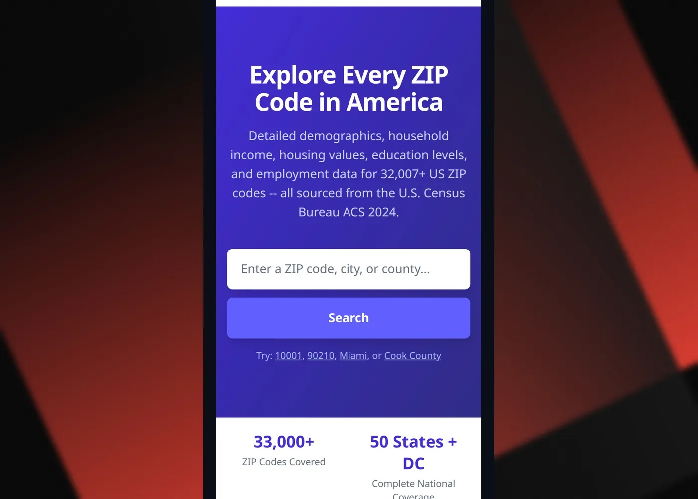 ZipCodeDex — Mobile view