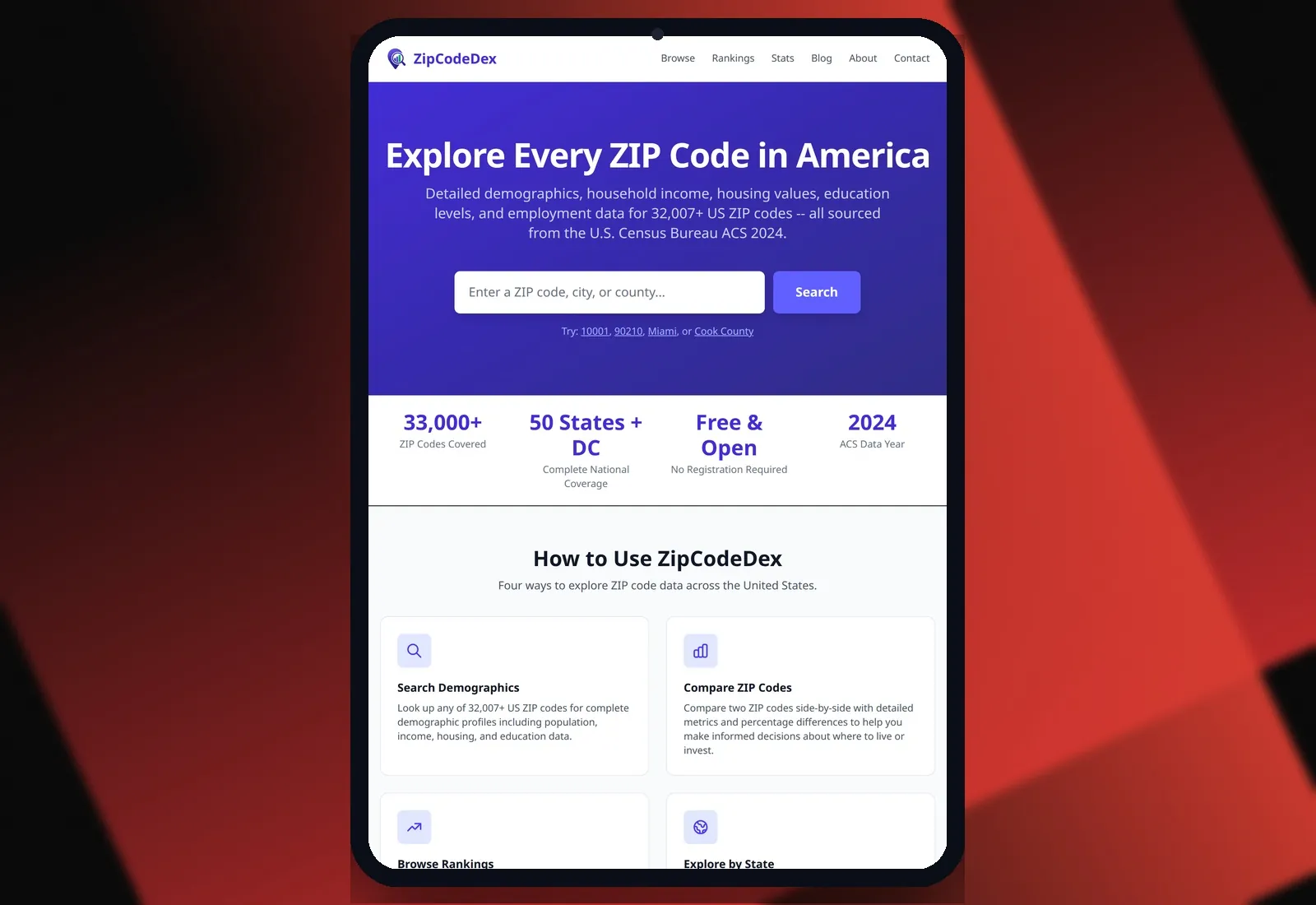 ZipCodeDex — Tablet view